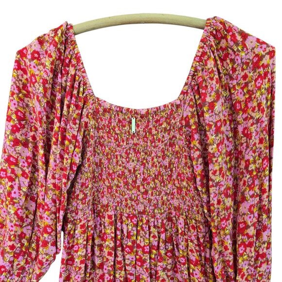 Billabong Womens Small Paradise Days Floral Smocked Mini Dress Pink/Red - Picture 5 of 8